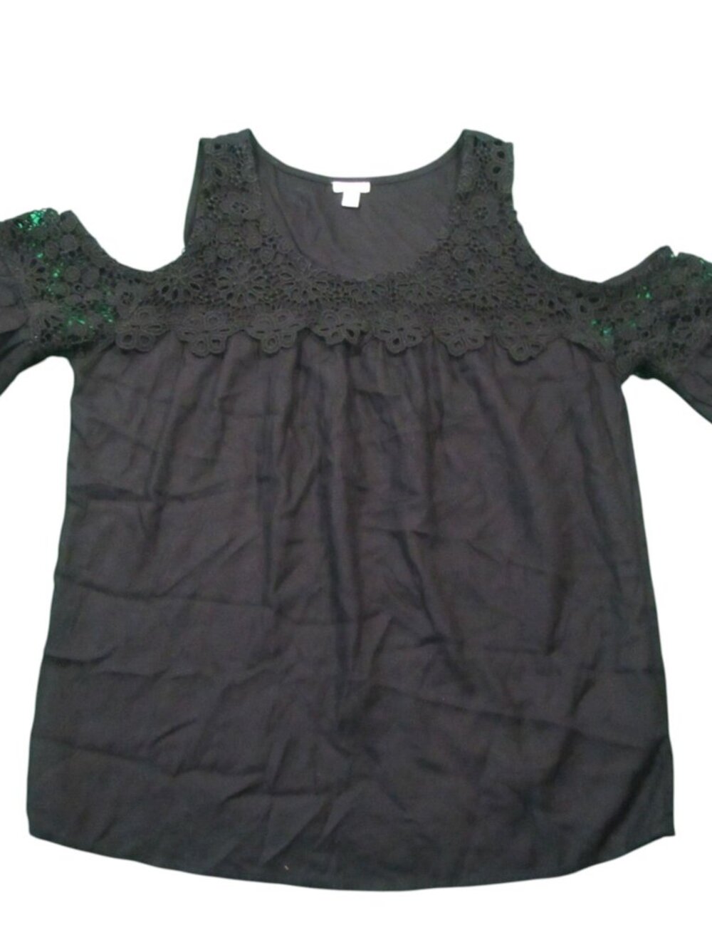 GUESS 1981 Black Cold Shoulder Blouse Top Women's Size M Lace Crochet Sequin